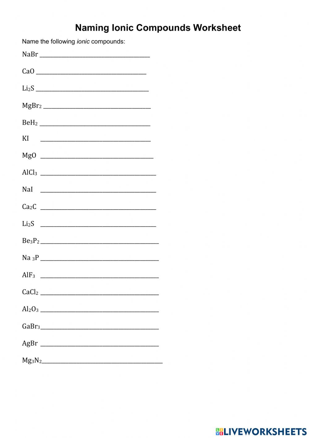 Naming Ionic Compounds Worksheet